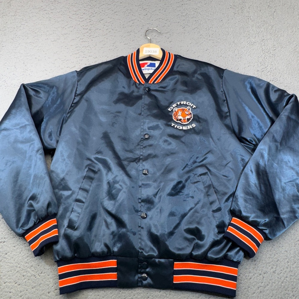 Vintage Detroit Tigers Jacket Mens Large Blue 80s MLB Satin Bomber Swingster